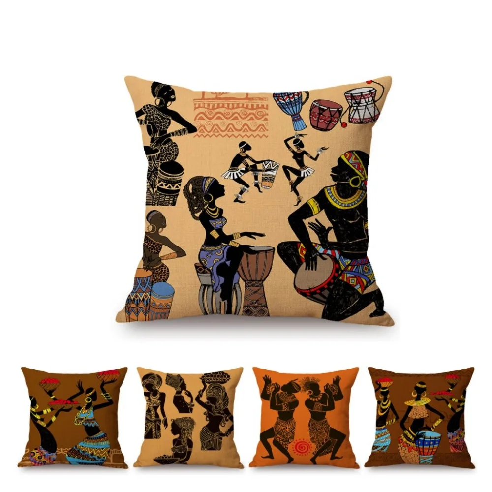 

Africa Impression Theme Abstract African Dancing Woman Design Pattern Sofa Pillows Cotton Linen Exotic Stylish Car Cushion Cover