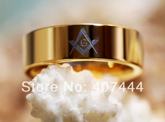 

Free Shipping USA UK Canada Russia Brazil Hot Sales 8MM Golden Color Masonic Master Mens Tungsten Carbide Wedding Ring