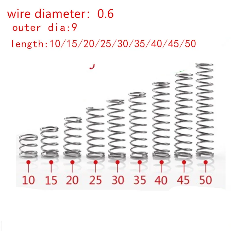 20pcs/lot 0.6mm 0.6x9mm Stainless steel compression spring wire diameter 0.6mm outer diameter 9mm length 10-50mm
20pcs/lot 0.6mm 0.6x9mm Stainless steel compression spring wire diameter 0.6mm outer diameter 9mm length 10-50mm