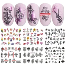 12 pièces Fleur Ongles Autocollants Fleurs Aquarelle Encre Noir Rose Rayé Motif De Bande Curseurs Filigrane Nail Art Décor BEBN1213-1224(China)