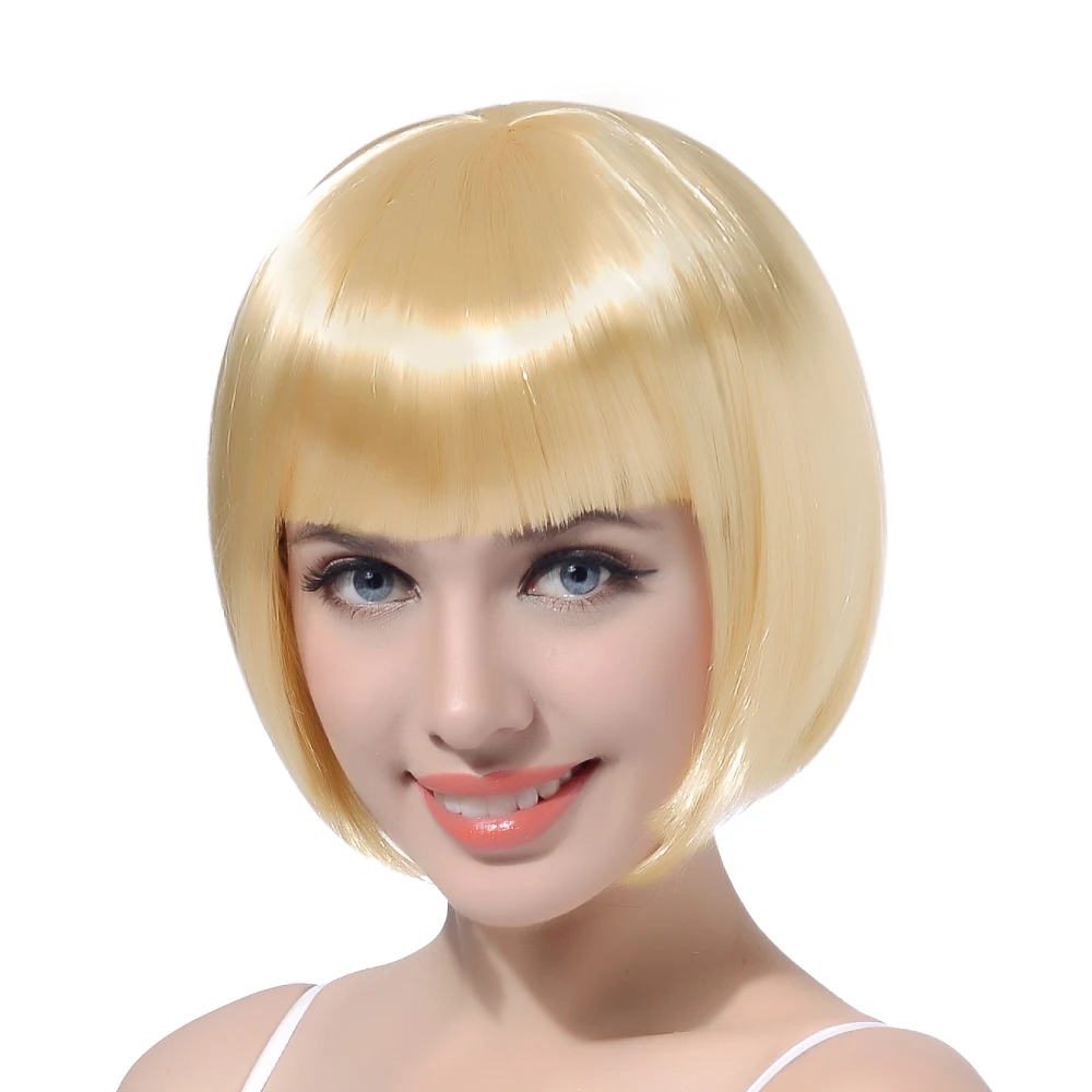 

10" Short Straight Cosplay Bob Wig Synthetic Hair Pink Blonde Black Cosplay Party Halloween BOB Wigs With Bangs Heat Resistant