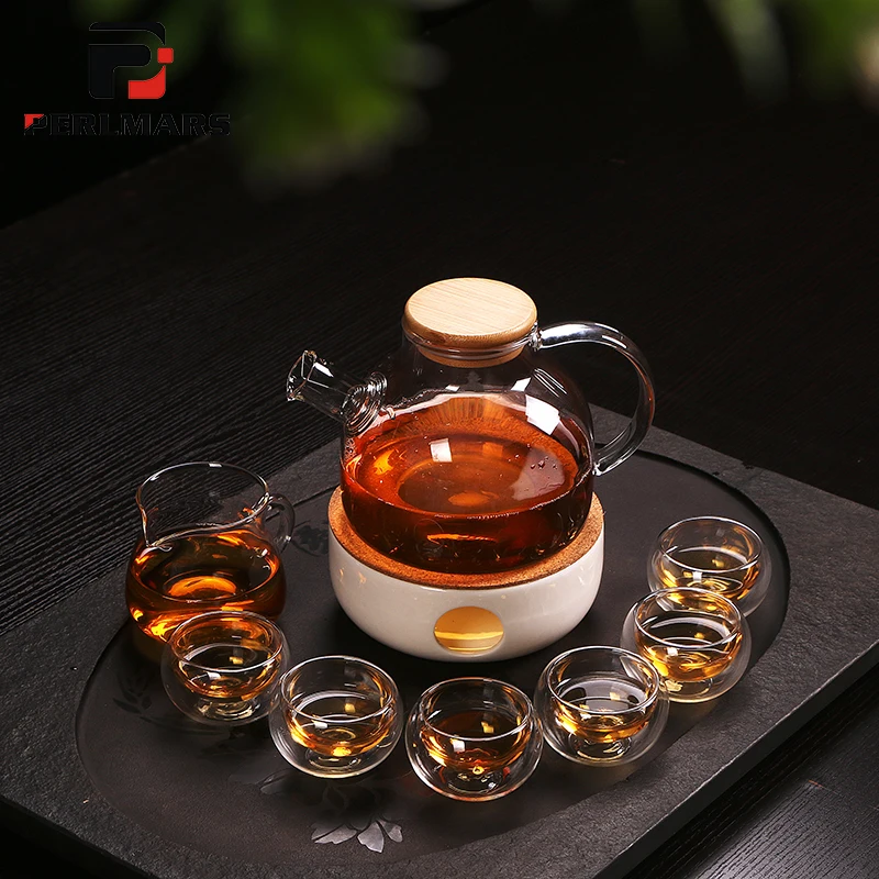 

Brief Transparent Heat Resistant 1 Teapot 1 Warm Tea 1 Fair Cup 6 Teacup Kit Chinese Kung Fu Tea Set Drinkware for Family Gifts