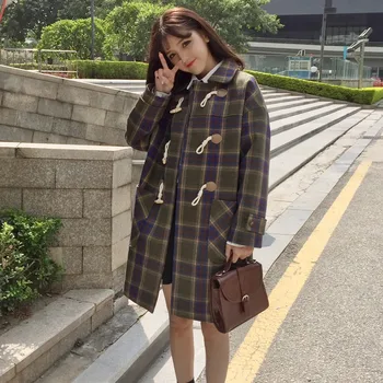 Autumn winter new Horn Button plaid women's woolen coat jacket female long paragraph students loose thick womens coat 
Autumn winter new Horn Button plaid women's woolen coat jacket female long paragraph students loose thick womens coat