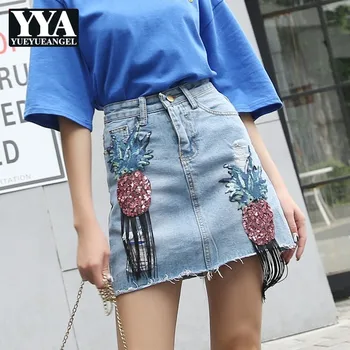2019 Summer Denim Mini Skirt Women Streetwear High Waist Sequins Fruit Embroidery A-Line Short Skirt Street Cotton Jupe Femme
2019 Summer Denim Mini Skirt Women Streetwear High Waist Sequins Fruit Embroidery A-Line Short Skirt Street Cotton Jupe Femme