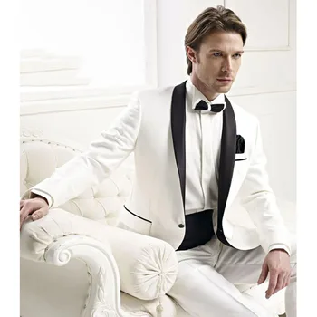 

Custom Made Groomsmen Shawl Black Lapel Groom Tuxedos Ivory Mens Suits Wedding Best Men suit (Jacket+Pants+Tie+Girdle)