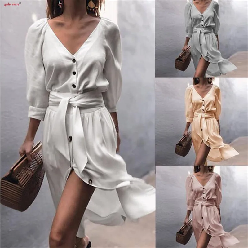 2018 Autumn Dress Women Bandage Solid Half Sleeve Button Split V Neck Dresses Woman Clothes S M L XL
2018 Autumn Dress Women Bandage Solid Half Sleeve Button Split V Neck Dresses Woman Clothes S M L XL
