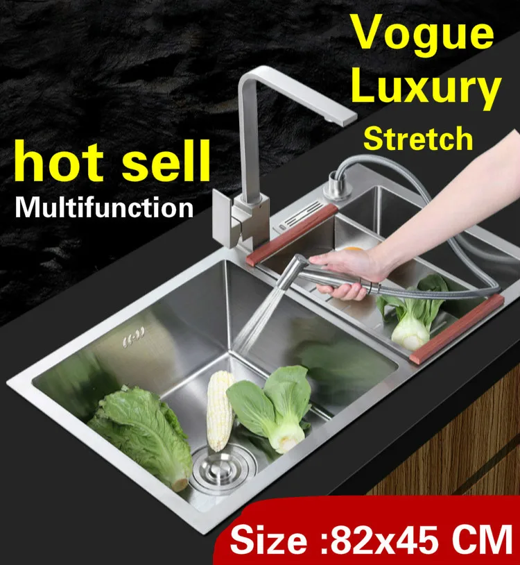 

Free shipping Apartment kitchen manual sink double groove multifunction wash vegetables 304 stainless steel hot sell 82x45 CM