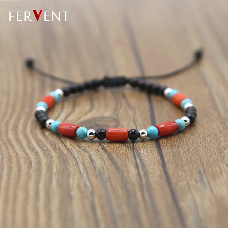 

4mm Natural Stone Beaded Bracelet Red coral turquoises howlite silver hematite and Onyx stone Macrame Bracelet Drop Shipping