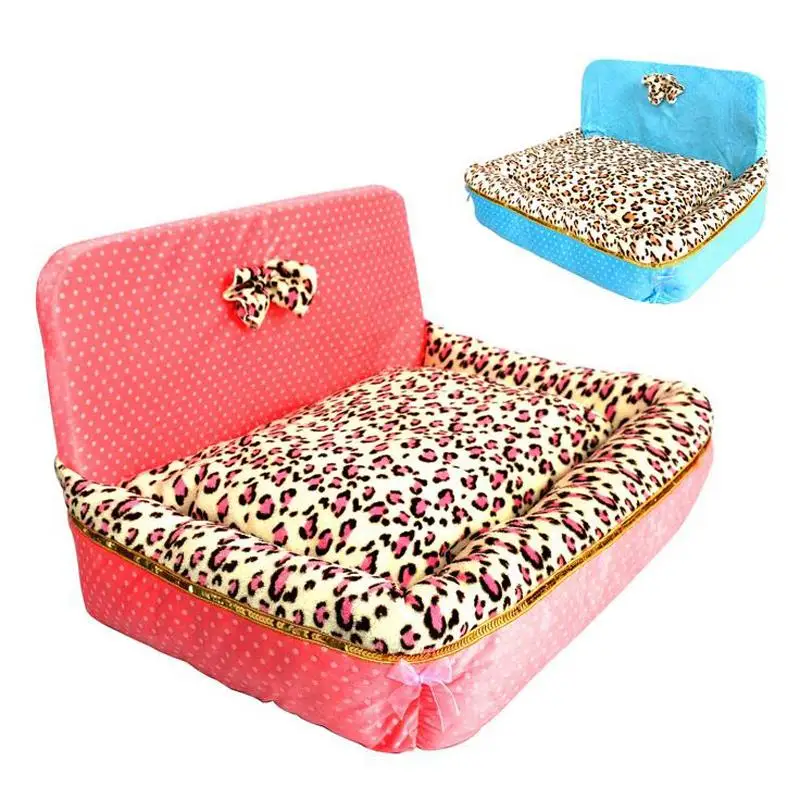 Image Hot Sales!New Warm Cozy Pet Dog Leopard Bed Cotton Backrest kennel Cat Bowknot Litter Pets Nest Home for Dogs House Products