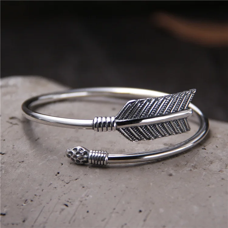 

Fashion Jewelry S925 Sterling Silver Retro Thai Silver Men And Women Personality Cupid Arrow Bangle Vintage Style Open Ended