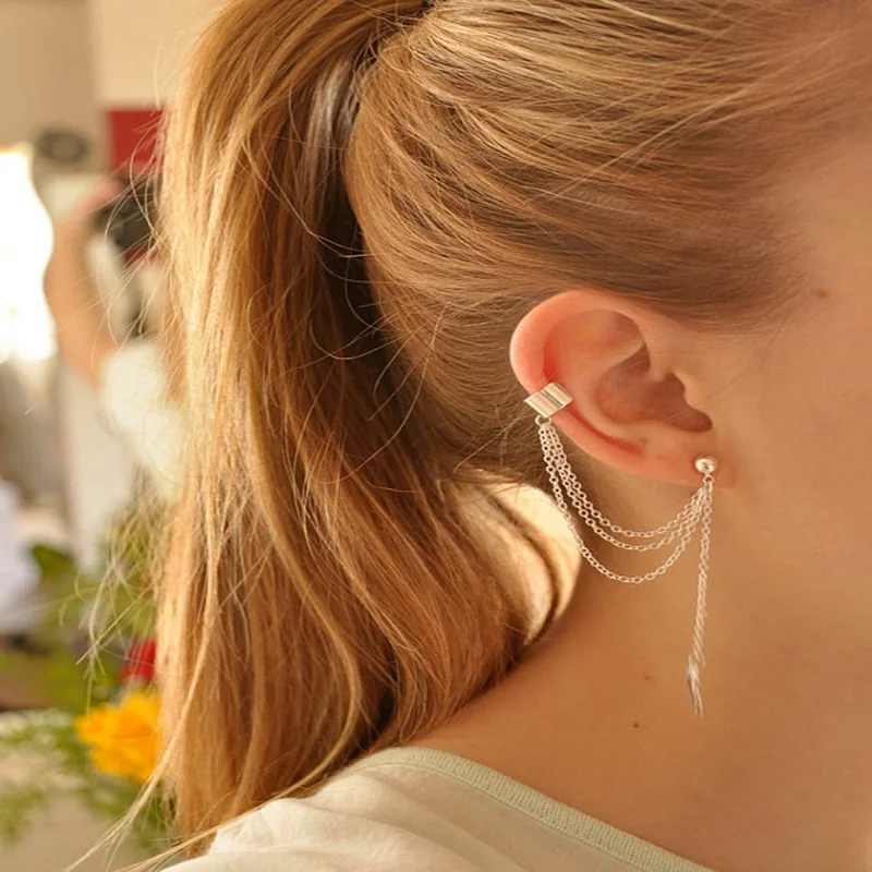Women Girl Punk Rock Leaf Chain Tassel Dangle Cuff Clip Earrings Long Ear Wrap Stud Jewelry | Украшения и аксессуары