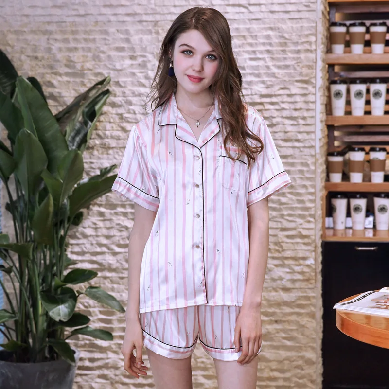 New Striped Silk Sleeping Pajamas for Women Natural Lingerie Short Pants Turn-down Collar Summer Nightwear Two Piece
New Striped Silk Sleeping Pajamas for Women Natural Lingerie Short Pants Turn-down Collar Summer Nightwear Two Piece