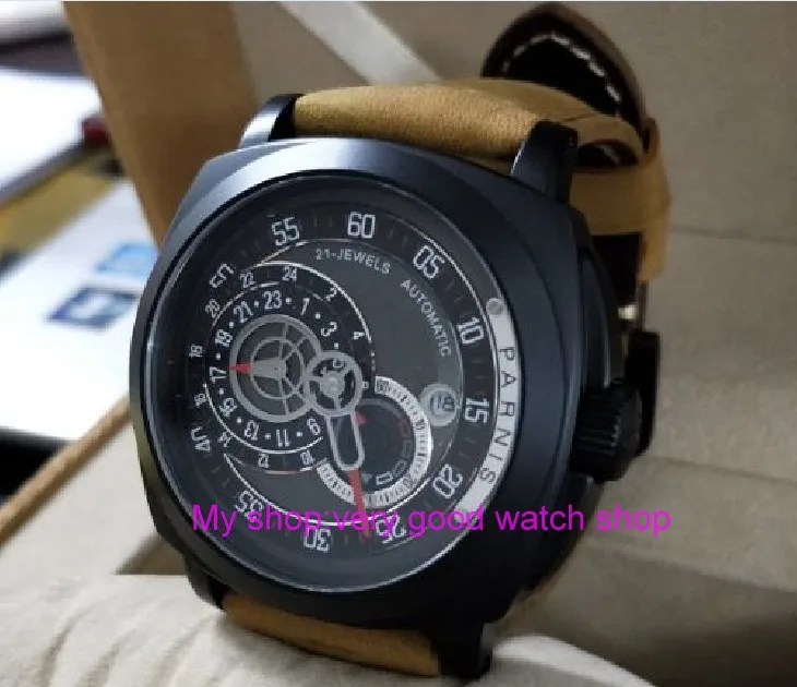 43mm PARNIS Japanese Automatic Self-Wind movement men's watch Auto Date 24-hour display PVD CASE Mechanical watch 417a
43mm PARNIS Japanese Automatic Self-Wind movement men's watch Auto Date 24-hour display PVD CASE Mechanical watch 417a