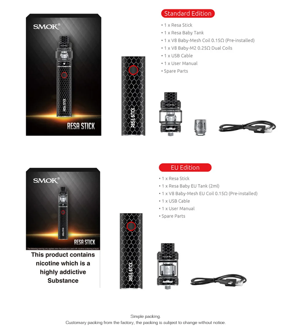 Clearance Price !! SMOK Resa Stick Vape pen Kit w/ 2000mAh Battyer & 2ml Resa Baby Tank E cig vs Ijoy wand/ stick V8/ smok Nord