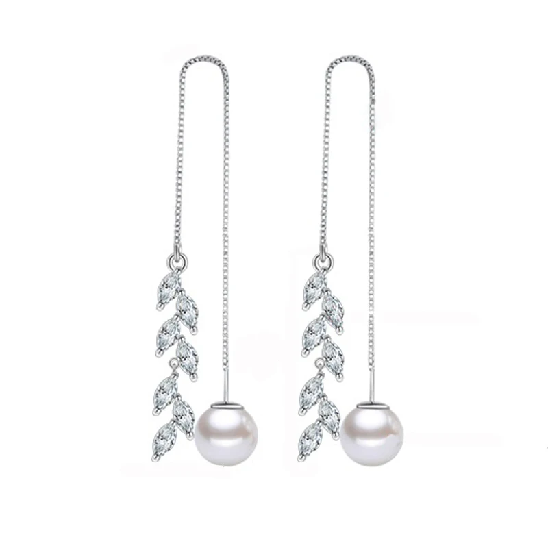Exquisite Leaf Design Women Lomg Tassel Dangle Earring with Pearl Fashion 925 Sterling Silver Cubic Zircon Drop Earrings
Exquisite Leaf Design Women Lomg Tassel Dangle Earring with Pearl Fashion 925 Sterling Silver Cubic Zircon Drop Earrings