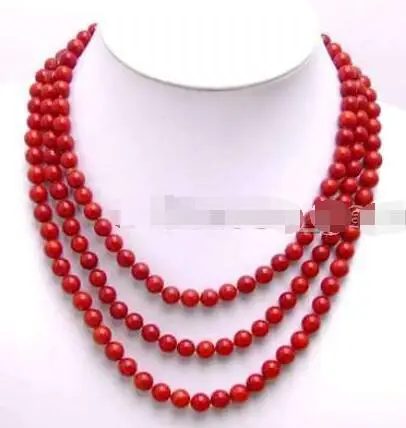 

Free Shipping>> new hot SALE 6-7mm Natural Red Round high quality Coral 3 Strands 18"-20" Necklace