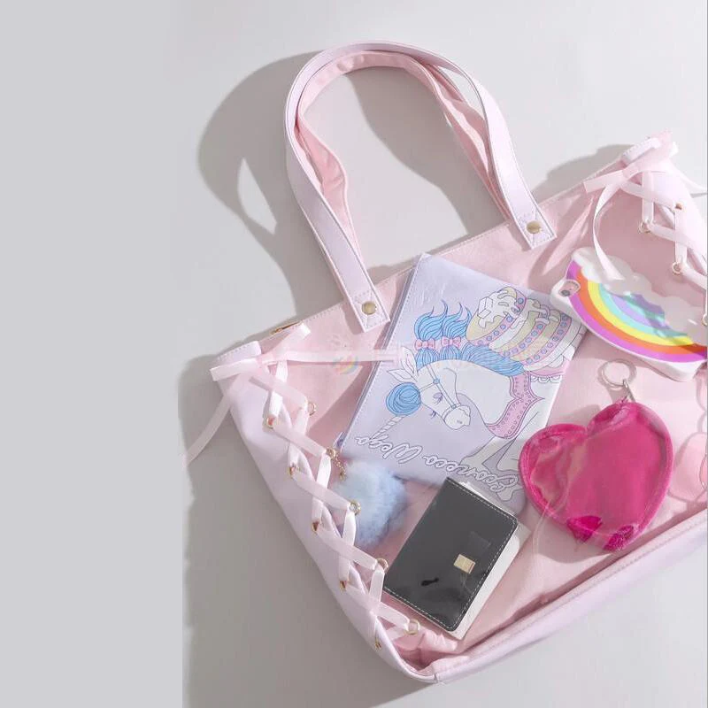 Casual Pink Tote Bag for Girl Lovely Transparent Ribbon Clear fashion Japanese Women Large Capacity Handbags Canvas Shoulder Bag
Casual Pink Tote Bag for Girl Lovely Transparent Ribbon Clear fashion Japanese Women Large Capacity Handbags Canvas Shoulder Bag