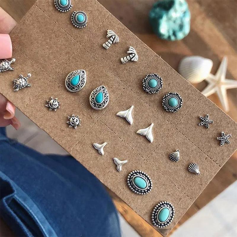 11 Pairs/ Set Personality Turtle Starfish Shell Fishtail Sun Water Drop Gem Silver Earring Set Female Fashion Beach Jewelry Gift
11 Pairs/ Set Personality Turtle Starfish Shell Fishtail Sun Water Drop Gem Silver Earring Set Female Fashion Beach Jewelry Gift
