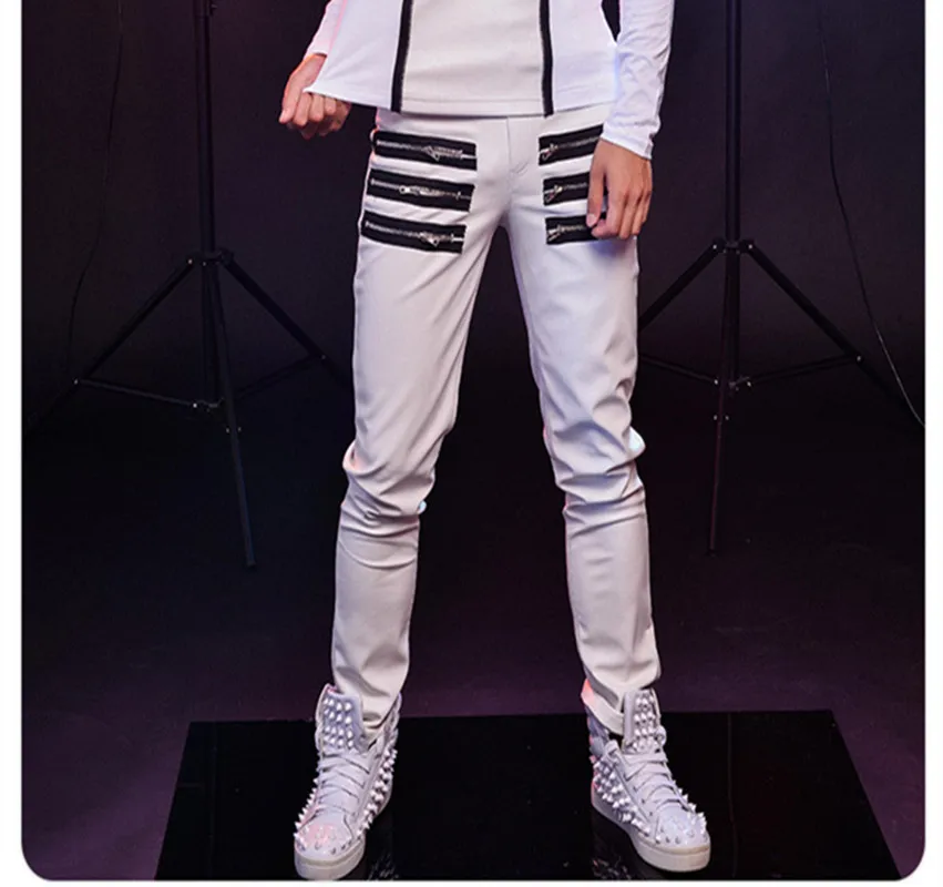 Fashion Man White Slim Casual Pants Punk style Slim cool zipper leather pants nightclub singer dancer dj stage dance trousers
Fashion Man White Slim Casual Pants Punk style Slim cool zipper leather pants nightclub singer dancer dj stage dance trousers