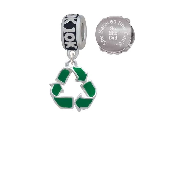 Green Enamel Recycle Symbol 10K Run She Believed She Could Charm Beads (Set of 2)
