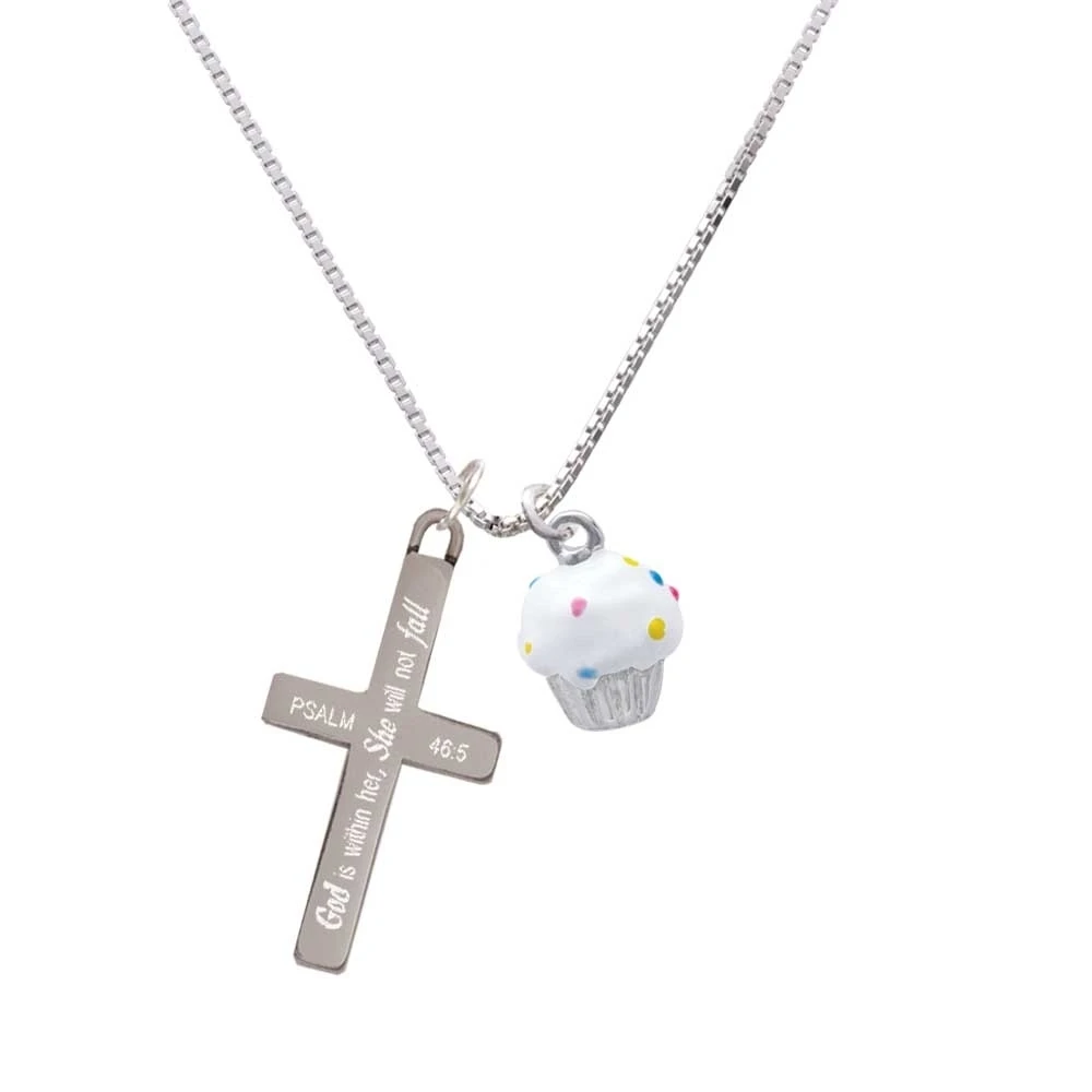 3-D White Cupcake with Sprinkles - She will not Fall - Cross Necklace