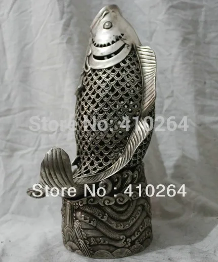 

Chinese Folk Culture HandMade Silver Bronze statue Pearl Fish incense burner