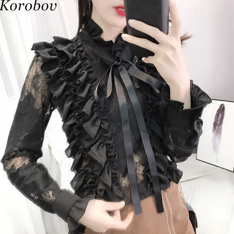 Korobov 2019 New Arrival Women Shirts Lace Ruffles Patchwork Vintage Blouse Hollow Out Flare Sleeve Lacing Bow Blusas 76718
Korobov 2019 New Arrival Women Shirts Lace Ruffles Patchwork Vintage Blouse Hollow Out Flare Sleeve Lacing Bow Blusas 76718