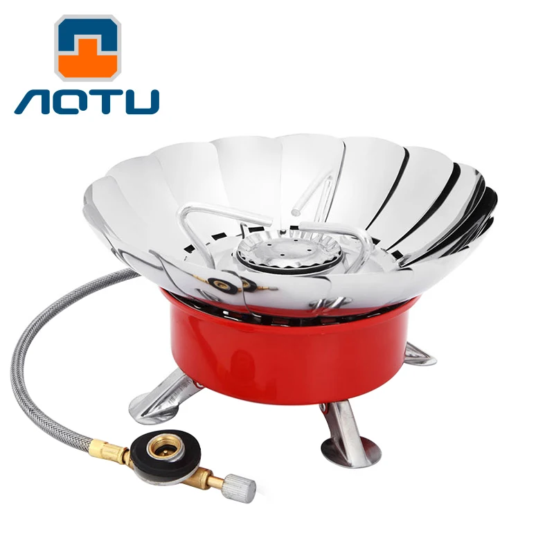 Image AOTU Split Outdoor Heater Hornillo Camping Stove Gas Burners Butane 2800BTU Lotus Furnace Wind Shield Cooking Tools