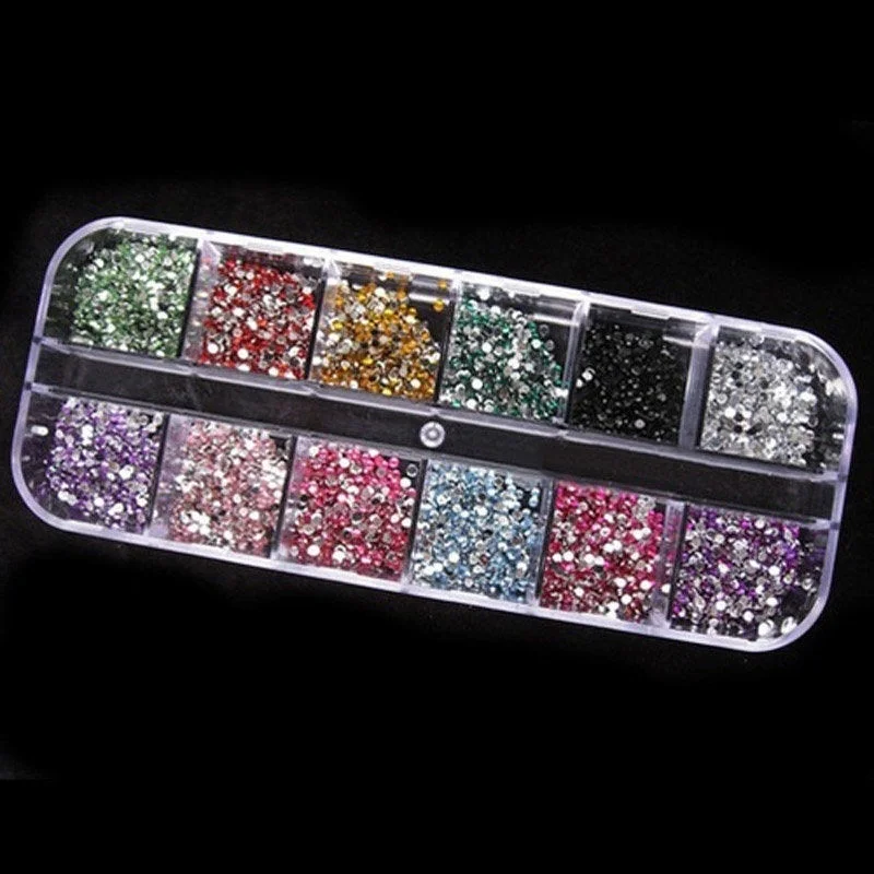 

12 Colors 2mm Round Rhinstones Hard Case Nail Art Decoration Tips 3000pcs/case Acrylic UV Gel Nail Art Tools Nail Accessories