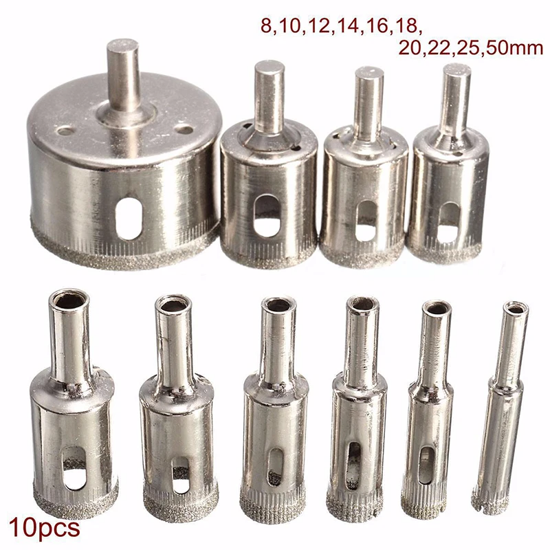 PDTO 10pcs 8-50mm Diamond Coated Hole Saw Drill Bit Set for Tile Ceramic Marble Glass Hand Power Tool