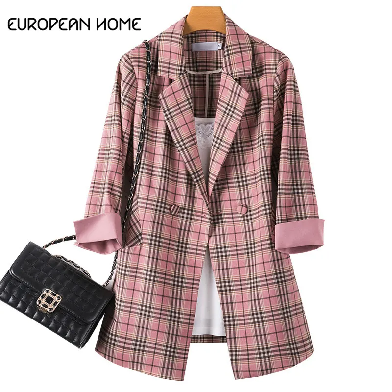2019 Spring Summer coat Women Clothing Plaid suit Korean fashion casual Double Breasted seven-point sleeve women Outerwear 847
2019 Spring Summer coat Women Clothing Plaid suit Korean fashion casual Double Breasted seven-point sleeve women Outerwear 847