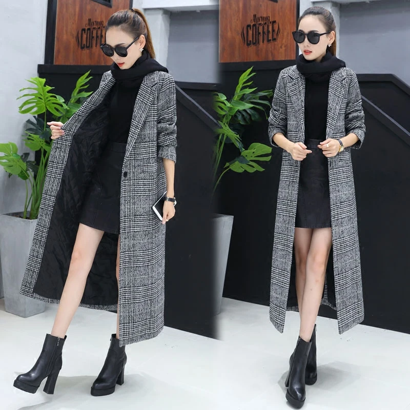 

Coat female winter new long section houndstooth thick woolen coat female self-cultivation over the knee long woolen jacket