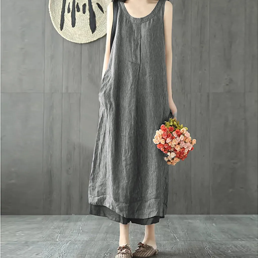 Women Summer Sundress Dress Linen Striped Literary Loose Splicing Sleeveless O-Neck Plus Size Casual Long Dress L507
Women Summer Sundress Dress Linen Striped Literary Loose Splicing Sleeveless O-Neck Plus Size Casual Long Dress L507