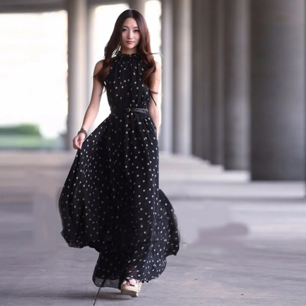 Autumn Women Slim Boho Long Maxi Evening Party Chiffon Dress Sleeveless Polka Dot Dresses With Belt Vestidos
Autumn Women Slim Boho Long Maxi Evening Party Chiffon Dress Sleeveless Polka Dot Dresses With Belt Vestidos