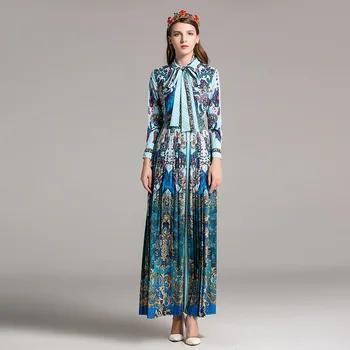 2018 Spring and Autumn New Women Lace lapel long sleeve Peacock Blue Vintage Floral Printed Pleathed runway high street lady Dr
2018 Spring and Autumn New Women Lace lapel long sleeve Peacock Blue Vintage Floral Printed Pleathed runway high street lady Dr