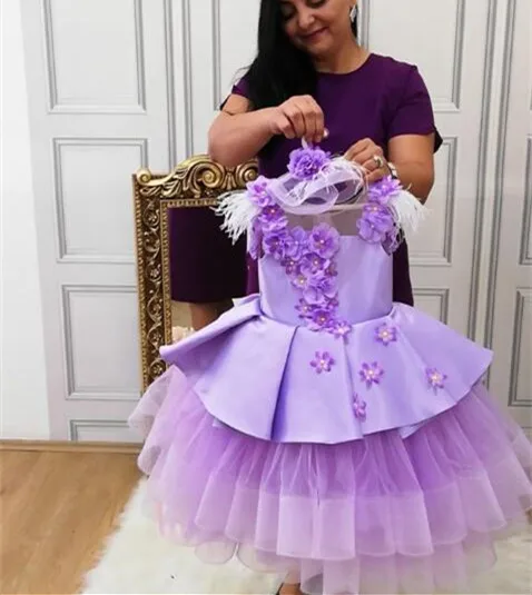 Lilac purple cupcake puffy toddler girl glitz pageant dresses baby infant tulle birthday tiered party gown with flowers and bow | Мать и