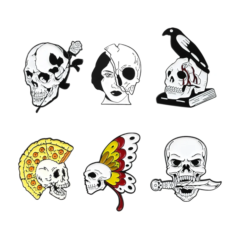 Gothic Skeleton Brooch Pizza Rose Butterfly Skull Knife Book Raven Bloody Skeleton Woman Enamel Leather Badge Pin Halloween Gift
Gothic Skeleton Brooch Pizza Rose Butterfly Skull Knife Book Raven Bloody Skeleton Woman Enamel Leather Badge Pin Halloween Gift