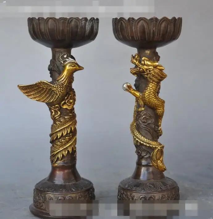 S01703 7"Chinese Folk Bronze Gilt Dragon Phoenix Candle Holder Candlestick Statue Pair B0403
S01703 7"Chinese Folk Bronze Gilt Dragon Phoenix Candle Holder Candlestick Statue Pair B0403