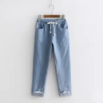 Lace patchwork cat print denim pants for women new preppy style cute Elastic Waist girl trousers straight pants Female gx399 
Lace patchwork cat print denim pants for women new preppy style cute Elastic Waist girl trousers straight pants Female gx399