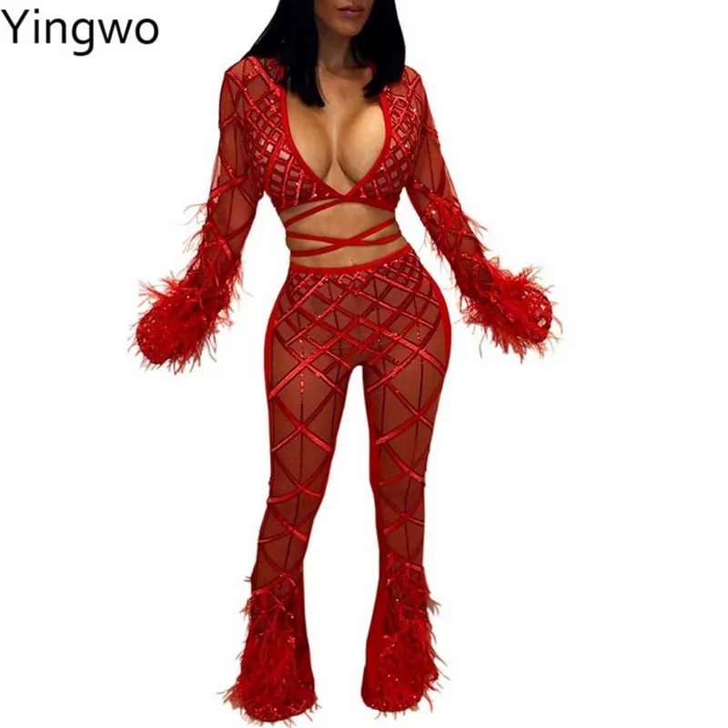 Red/White Sheer Mesh Strappy Feathers Sequins Pants Set Bell Sleeve Plunging V Neck Crop Tops High Waist Skinny Pants Two Pieces
Red/White Sheer Mesh Strappy Feathers Sequins Pants Set Bell Sleeve Plunging V Neck Crop Tops High Waist Skinny Pants Two Pieces