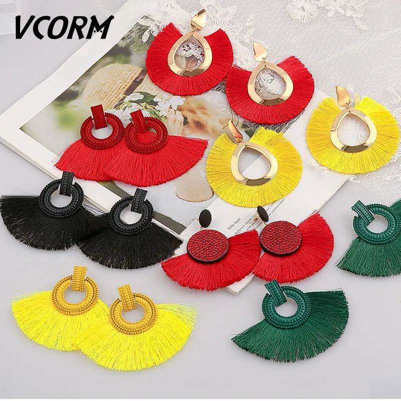 VCORM Bohemian Tassel Big Drop Earrings for Women Fashion Jewelry Earrings Red Black Cotton Silk Fabric Fringe Earring Gift
VCORM Bohemian Tassel Big Drop Earrings for Women Fashion Jewelry Earrings Red Black Cotton Silk Fabric Fringe Earring Gift