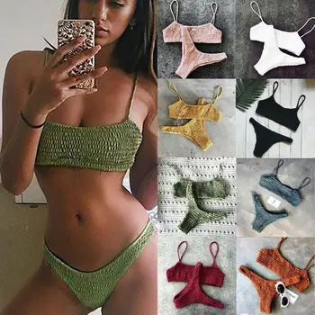 Women Ladies Solid Color Sexy Sling Strap Summer Beach Crinkle Bikini Set Bra Set Bandage Swimwear Swimsuit Bathing Beachwear
Women Ladies Solid Color Sexy Sling Strap Summer Beach Crinkle Bikini Set Bra Set Bandage Swimwear Swimsuit Bathing Beachwear