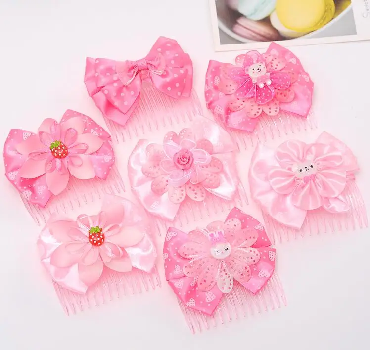 New Girls Lovely Pink Flower Hair Combs Headdress Prom Lace Bowknot hairclips kid hairpin children Accessories Jewelry | Аксессуары для