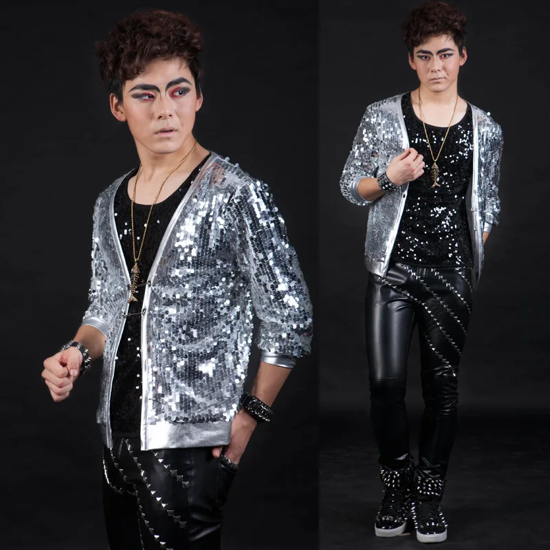 Fashion Men's Silver Paillette Slim Suit Nightbar singer performance show Stage costume Jazz Dancer Show outerwear
Fashion Men's Silver Paillette Slim Suit Nightbar singer performance show Stage costume Jazz Dancer Show outerwear