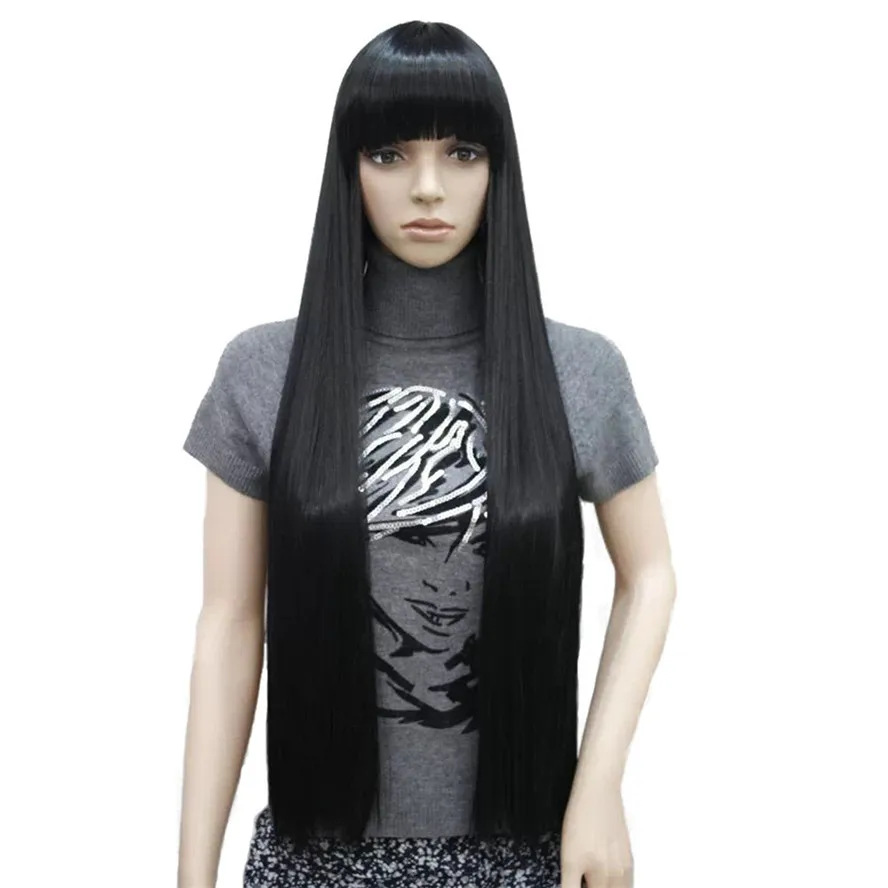 

StrongBeauty Women's Wigs Neat Bang Black Long Straight Bob Natural Synthetic Full Wig 6 Color