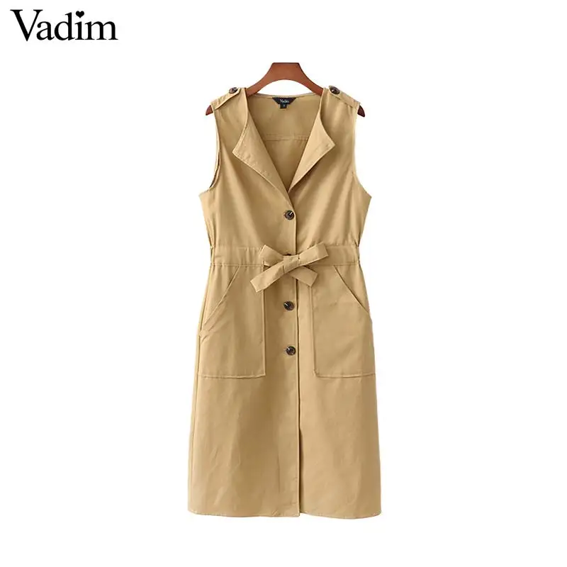 Vadim women solid mid calf dress V neck button bow tie pockets sleeveless office lady style female A line dresses vestidos QC032
Vadim women solid mid calf dress V neck button bow tie pockets sleeveless office lady style female A line dresses vestidos QC032