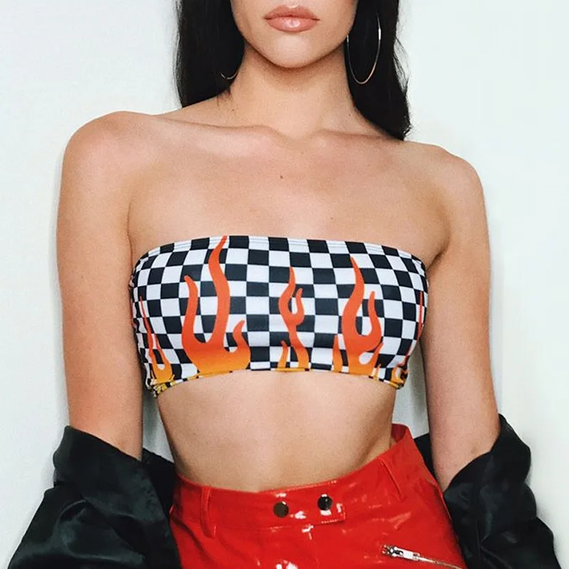 2018 Summer Women Sexy Strapless Tube Top Checkerboard Printed Bandeau Flames Streetwear Off Shoulder Crop | Женская одежда