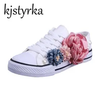 Kjstyrka Women Vulcanize Shoes Lace-up Breathable Trainers Casual Walking Shoes Flower Dectoration White Canvas Shoes Woman Flat image