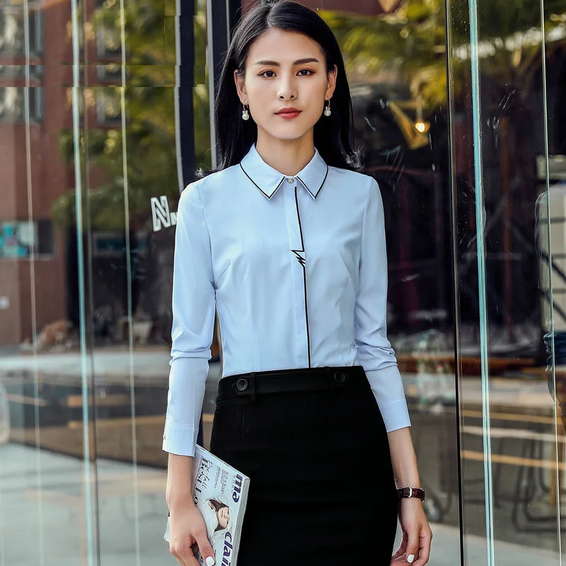 Office Ladies Work Shirt White Contrast Binding Piping Collar Long Sleeve Clothes Spring Top Women Blouses Blue Casual Blouse
Office Ladies Work Shirt White Contrast Binding Piping Collar Long Sleeve Clothes Spring Top Women Blouses Blue Casual Blouse
