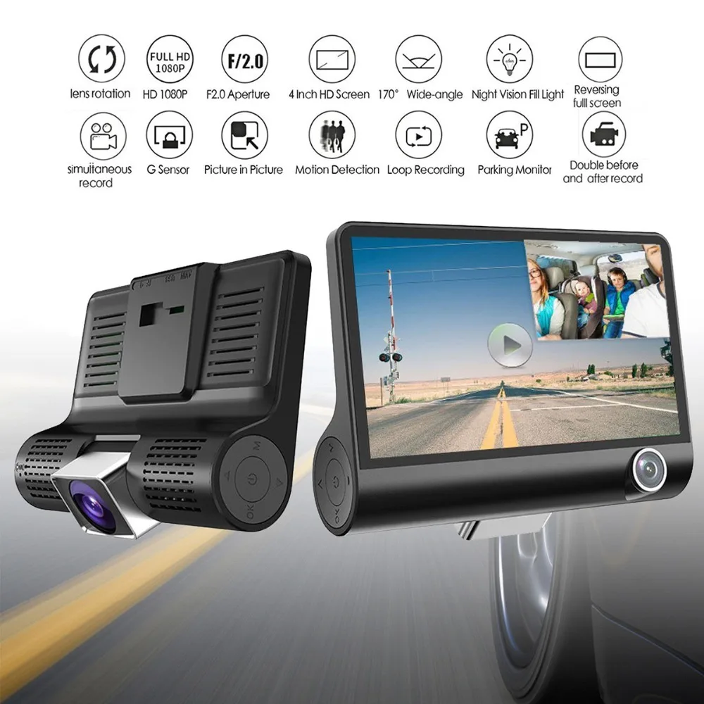 4 1080P HD 170 Angle 3 Lens Car DVR Dash Cam G-sensor Recorder and Rearview Camera Three Way Camera Tri-lens Night vision Camco (2)